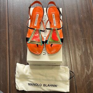 Manolo Blahnik Colorful Flat Sandals, size 38.5